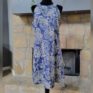 Ann Taylor LOFT tailored blue & tan paisley dress, size 8